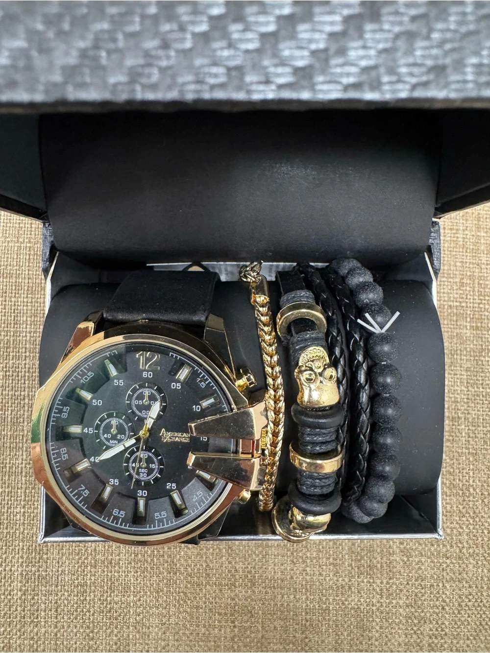 American Exchange Men's 5-Piece Watch & Bracelet Set Black/Gold Skull